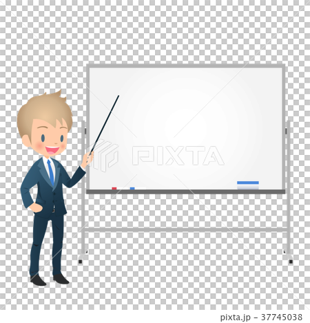 Young male businessman in a suit explaining using a whiteboard Young male businessman in a suit explaining using a whiteboard 37745038