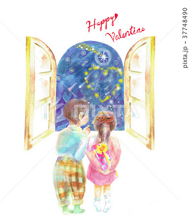 バレンタインデー 子供2人 窓 夜空のイラスト素材