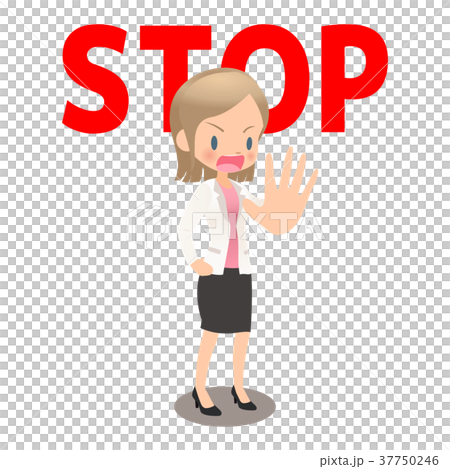 Young female office worker in suit promoting STOP Young female office worker in suit promoting STOP 37750246