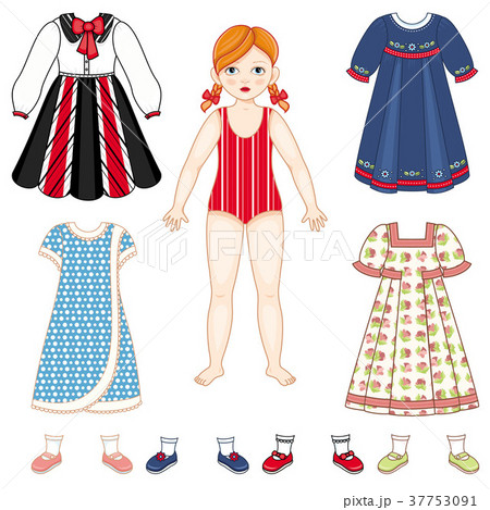 Paper doll and set of clothes - dresses and shoes 37753091