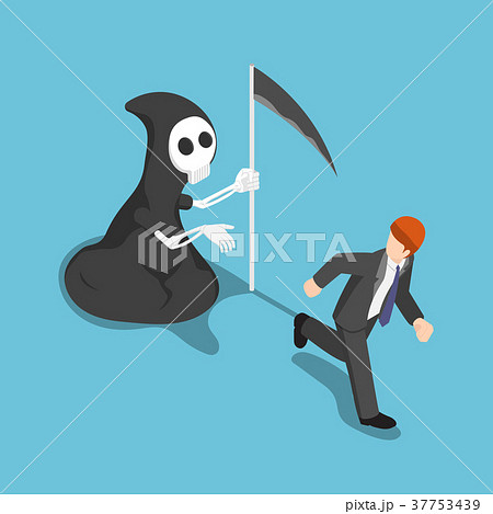 Businessman running away from angel of death. Businessman running away from angel of death. 37753439