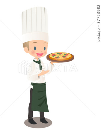焼きあがったピザを持つ男性シェフのイラスト画像のイラスト素材