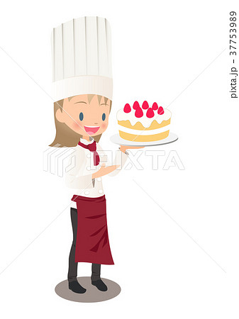 いちごのケーキを持つ女性パティシエのイラスト画像のイラスト素材