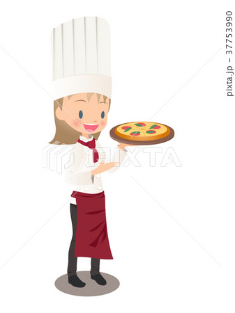 焼きあがったピザを持つ女性シェフのイラスト画像 37753990