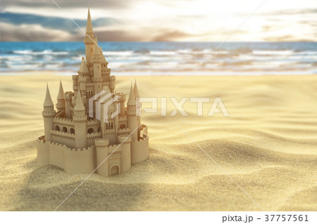 Sand castle on the beach on the sea and sky 37757561