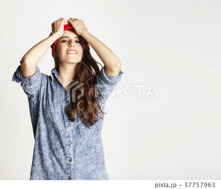 young cheerful brunette teenage girl on white young cheerful brunette teenage girl on white 37757963