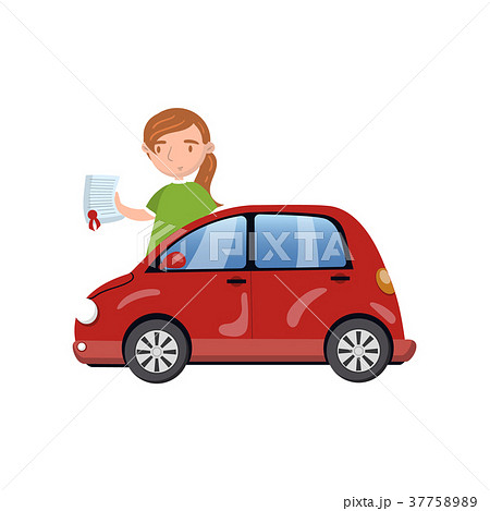 Woman standing behind of red car and showing paper Woman standing behind of red car and showing paper 37758989