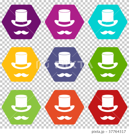 Magic black hat and mustache icon set color hexahedron Magic black hat and mustache icon set color hexahedron 37764317