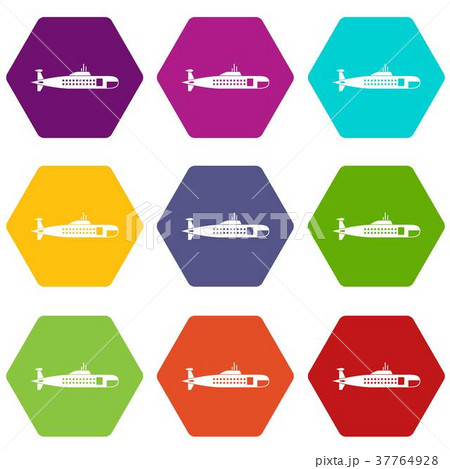 Military submarine icon set color hexahedron Military submarine icon set color hexahedron 37764928