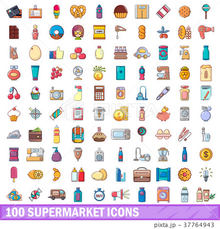 100 supermarket icons set, cartoon style 37764943
