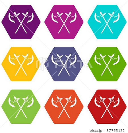 Crossed battle axes icon set color hexahedron 37765122