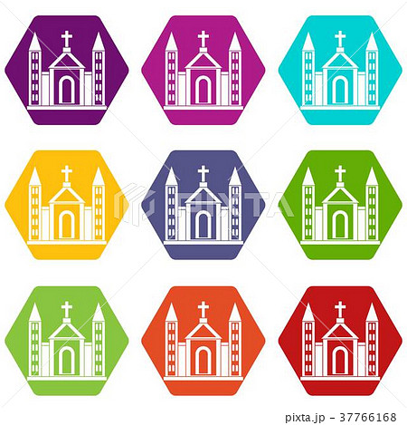 Christian catholic church building icon set color hexahedron 37766168