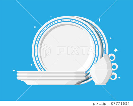 Clean teacups and ceramic plate stacked. 37771634