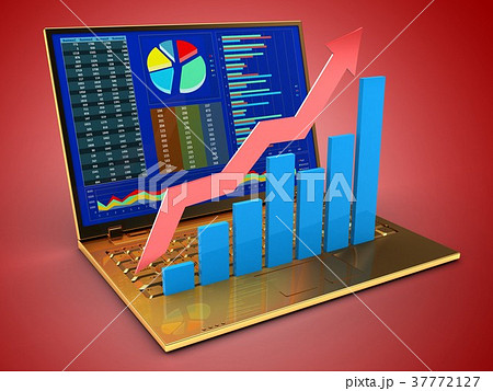 3d illustration of computer with rising charts 37772127