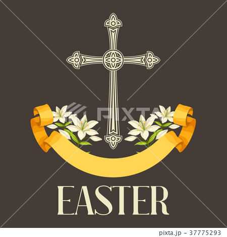 Silhouette of ornate cross with lilies. Happy 37775293