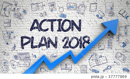 Action Plan 2018 Drawn on Brick Wall.  37777869