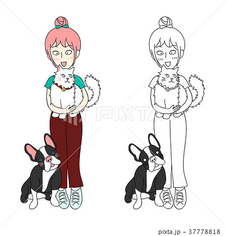 Cute Girl Bun Hair with Cat and Dog 37778818