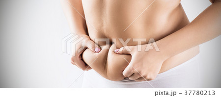 Woman in white underwear holds belly fat. Woman in white underwear holds belly fat. 37780213