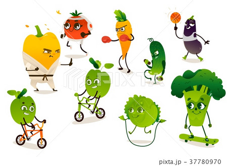 Set of funny vegetables doing sport exercises Set of funny vegetables doing sport exercises 37780970