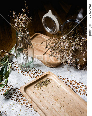 Wood tray set in kitchen with italian herbs  37782298