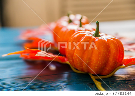 Three plastic pumpkins and red leaves fall concept 37783144