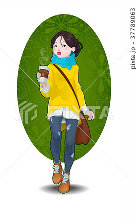 Hipster girl and cup of coffee to go illustration 37789063