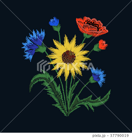 Floral Embroidery with colorful flowers on black 37790019