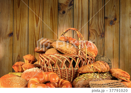 Bread products on background wooden wall.   37791020