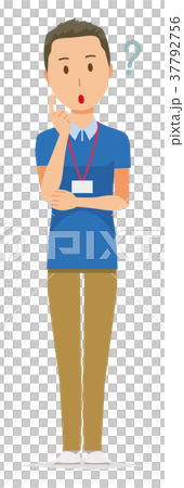 ネームプレートを着用している男性スタッフが考えている ネームプレートを着用している男性スタッフが考えている 37792756