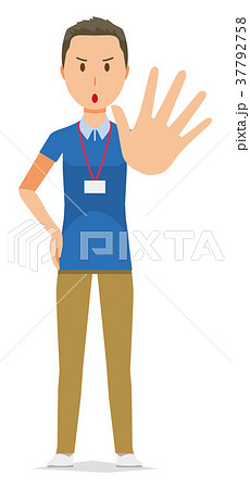 ネームプレートを着用している男性スタッフが片手を差し出している ネームプレートを着用している男性スタッフが片手を差し出している 37792758