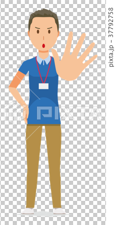 ネームプレートを着用している男性スタッフが片手を差し出している ネームプレートを着用している男性スタッフが片手を差し出している 37792758