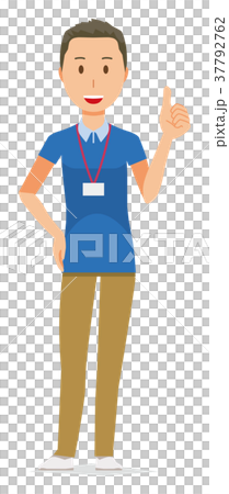 ネームプレートを着用している男性スタッフがグッドサインをしている 37792762