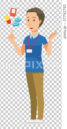 ネームプレートを着用している男性スタッフが医薬品について説明している ネームプレートを着用している男性スタッフが医薬品について説明している 37792785