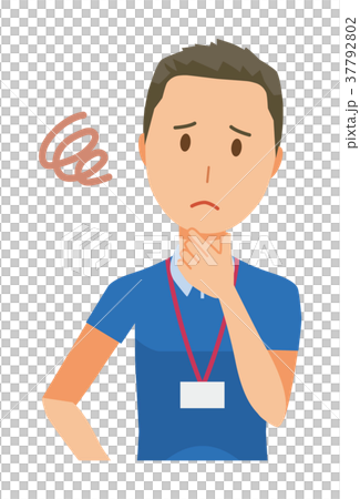 ネームプレートを着用している男性スタッフが困っている 37792802