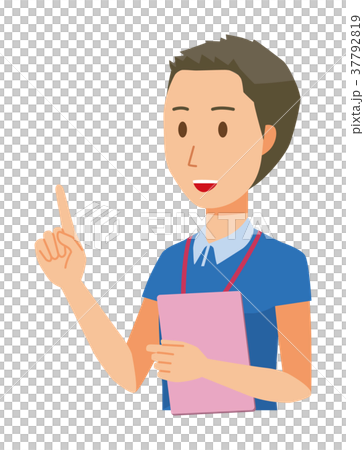 ネームプレートを着用している男性スタッフがファイルを持って指差ししている ネームプレートを着用している男性スタッフがファイルを持って指差ししている 37792819