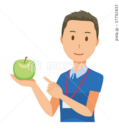 ネームプレートを着用している男性スタッフがりんごを持っているのイラスト素材