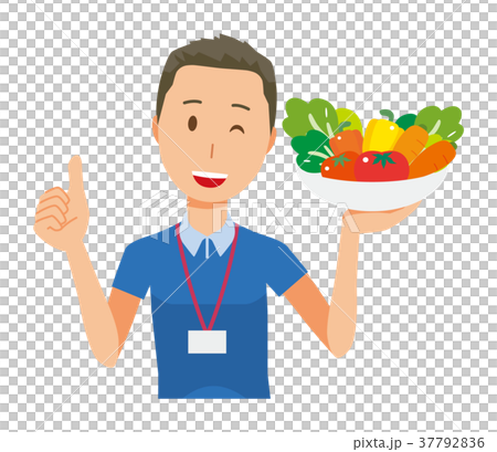 ネームプレートを着用している男性スタッフが野菜を持っている 37792836