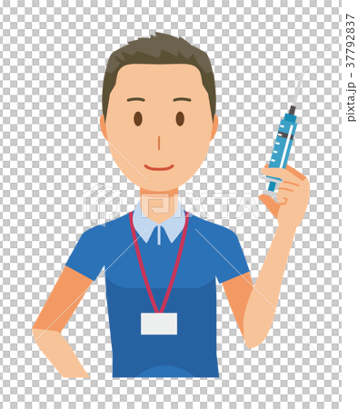 ネームプレートを着用している男性スタッフが注射器を持っている 37792837