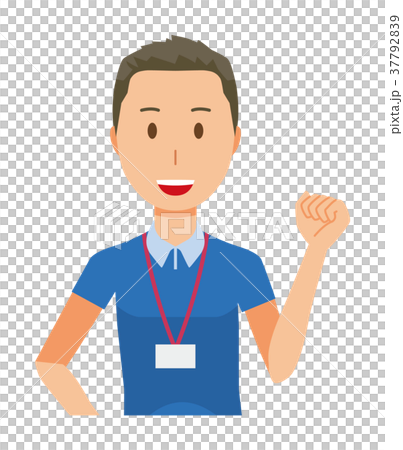 ネームプレートを着用している男性スタッフが拳を上げている 37792839