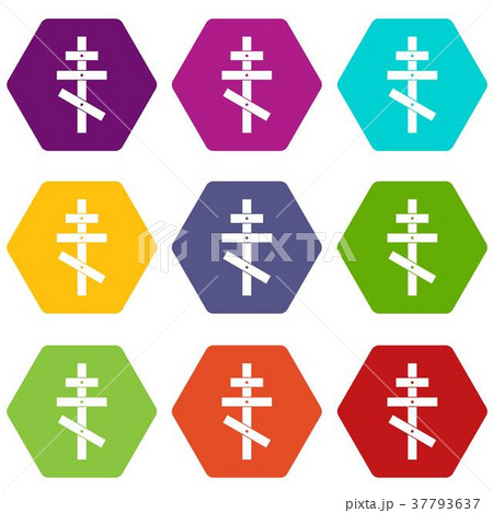 Orthodox cross icon set color hexahedron 37793637