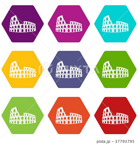 Roman Colosseum icon set color hexahedron Roman Colosseum icon set color hexahedron 37793795