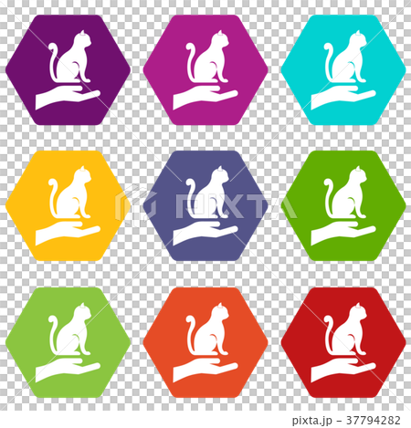 Hand holding a cat icon set color hexahedron Hand holding a cat icon set color hexahedron 37794282