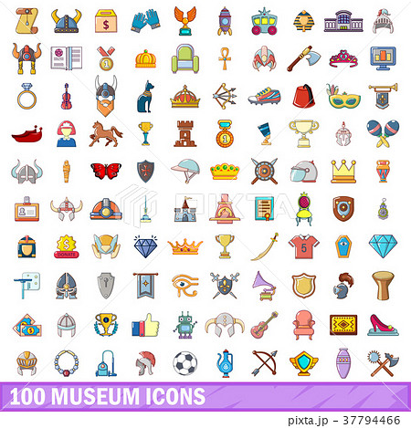 100 museum icons set, cartoon style 37794466