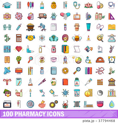 100 pharmacy icons set, cartoon style 37794468