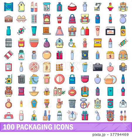 100 packaging icons set, cartoon style 37794469