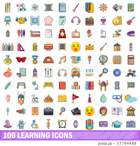 100 learning icons set, cartoon style 37794488