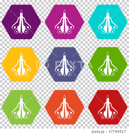 Military fighter plane icon set color hexahedron Military fighter plane icon set color hexahedron 37794917