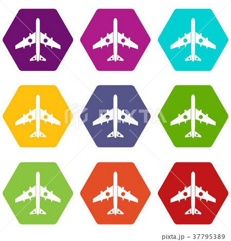 Military fighter plane icon set color hexahedron 37795389