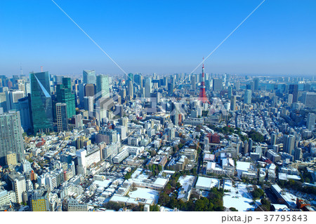 降雪の翌日の東京　東京タワー・虎ノ門の俯瞰　明るく彩度高め　2018.01　a　右に東京湾 37795843