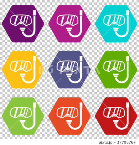 Goggles and tube for diving icon set color hexahedron Goggles and tube for diving icon set color hexahedron 37796767